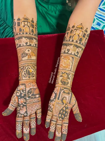 The same design as image 100, but with a different background, showing the versatility of the art. The Taj Mahal and elephant motifs are prominent.