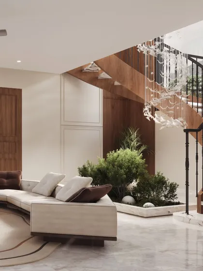 A living area featuring an indoor planter beneath a spiral staircase. This render focuses on integrating biophilic design elements seamlessly into a modern interior.