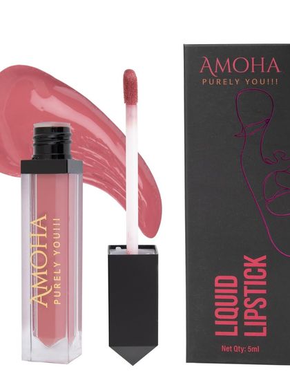 A soft pink liquid lipstick with its packaging and a swatch, perfect for showcasing nude and natural shades.