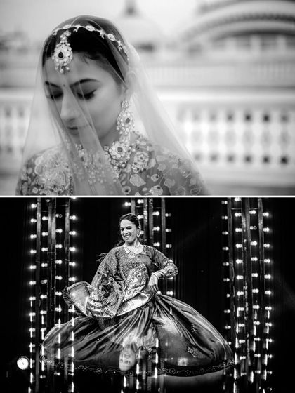 A collage combining a soft, veiled bridal portrait with a high-energy shot of a dancer on stage, both in stunning black and white.