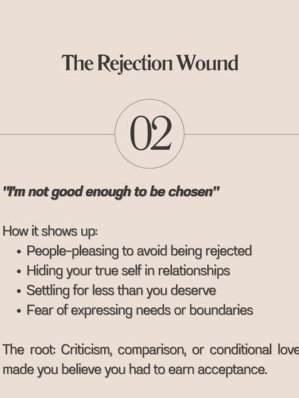The Rejection Wound: This manifests as people-pleasing and hiding your true self. The root is conditional love that taught you to earn acceptance.
