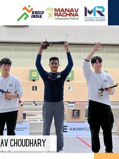 Victory on the world stage. Our shooter Abhinav Choudhary celebrates his Gold Medal win at the Asian Shooting Championship, a testament to the world-class training provided through our Khelo India program.