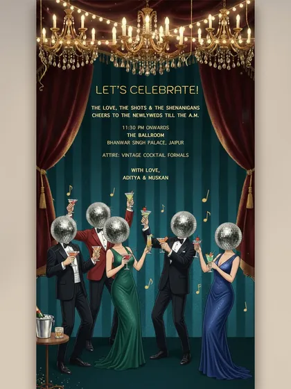 Who says wedding invites have to be traditional? For this cocktail party, we went for a fun, quirky vibe with these disco-ball head illustrations to set the mood for a night of celebration and shenanigans.