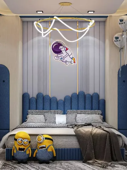 A kids' bedroom design with a fun, space-themed decor. The room features custom wardrobes with curved blue doors and a unique headboard, creating a playful environment for children.
