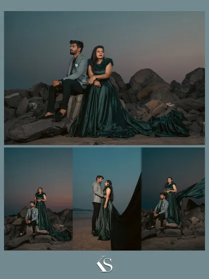 A dramatic pre-wedding portrait session on the rocky shores of Kashid beach. I work with couples to create stunning, magazine-worthy shots that showcase their style, whether it's casual and fun or elegant and glamorous.