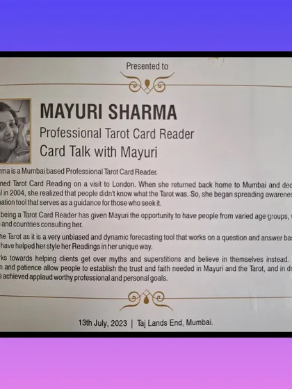 The official citation on my award, detailing my 19-year journey as a tarot card reader and my unique, unbiased approach to helping clients.