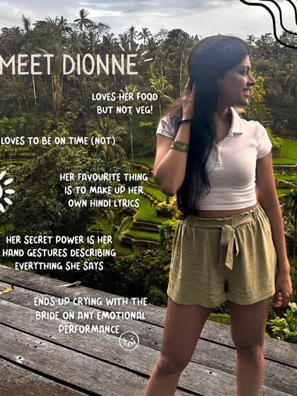 Meet Dionne, the 'D' in AnD. She's the creative force who loves making up her own Hindi lyrics and ends up crying with the bride during every emotional performance. She brings the heart and the hand gestures.