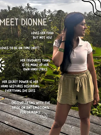 Meet Dionne, the 'D' of AnD. She's the one who makes up her own Hindi lyrics and ends up crying with the bride during emotional performances. Her expressive hand gestures are her secret storytelling power.
