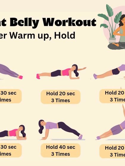 A flat belly workout composed of different plank variations to be held after a warm-up, designed to build core stability and strength.
