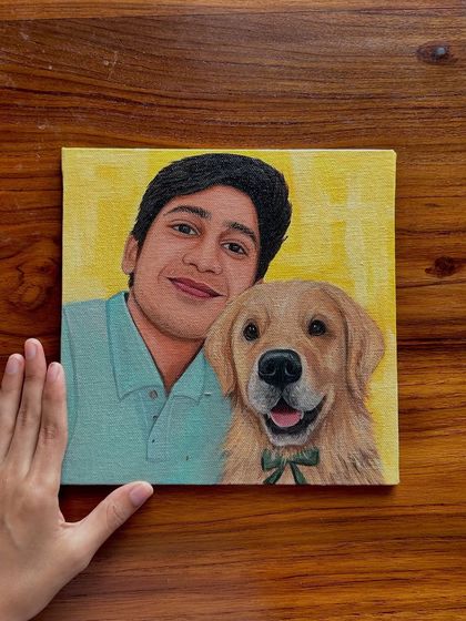 A simple and sweet portrait of a boy and his best friend, a happy Golden Retriever. The bright yellow background adds a cheerful touch to this heartwarming piece.