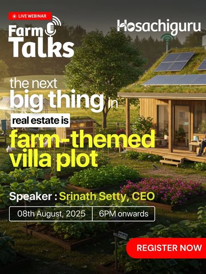 A "Farm Talks" webinar announcement about farm-themed villa plots being the next big thing in real estate.