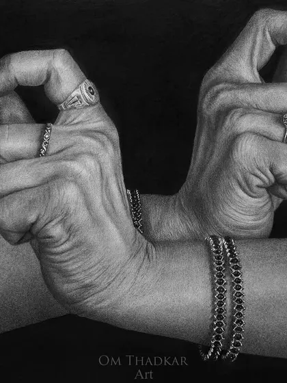 Another mudra from the series, showcasing a different hand position. The focus here is on the anatomy of the hands, the tension in the fingers, and the cultural significance of the gesture.