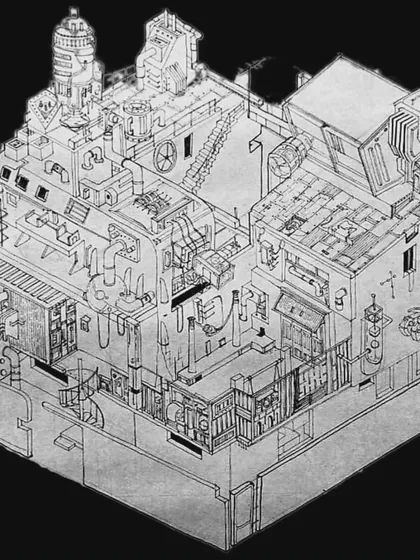 This is "Hoard Enations," a surrealist, steampunk-inspired illustration of 1 Shanthi Road by the talented architect Ajith Salvin. It was created during our Playfield 1SR workshop and represents the frantic, creative energy of the space. It shows how architecture can be interpreted and reimagined through art.