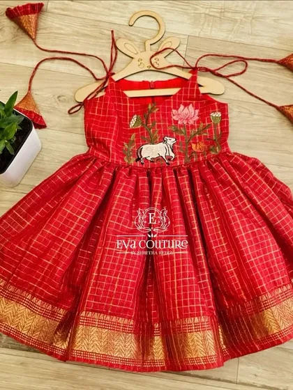 This adorable red checked frock with cow and lotus embroidery is in my ready stock for immediate purchase.