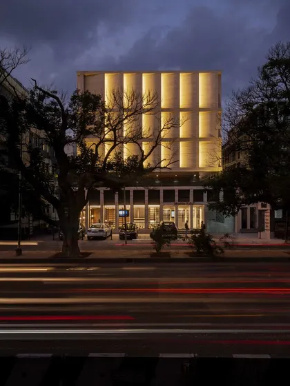 The dusk elevation of Stone Boulevard in Koramangala captures how we use light to transform a building's character. The facade's recessed lighting creates a dramatic, glowing effect, turning the structure into a landmark that engages with the city's rhythm.