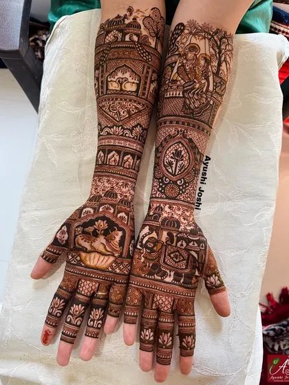 For the love of tradition, a full bridal mehendi featuring the divine story of Radha and Krishna. I focus on creating extremely fine lines and detailed figures to make the story come alive.
