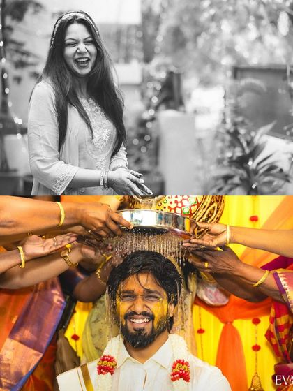 A split image showing the bride's laughter and the groom being showered with blessings and turmeric during the Haldi ritual.