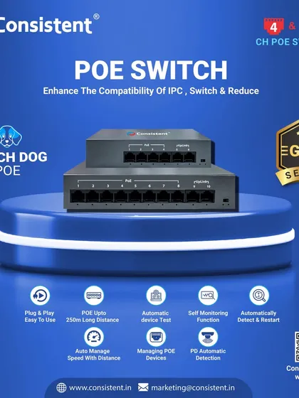 This is our Gold Series Watch Dog POE Switch, the backbone of a reliable IP camera system. It simplifies installation by providing power and data over a single cable and includes an automatic restart function for connected devices, ensuring your system remains online with minimal maintenance.