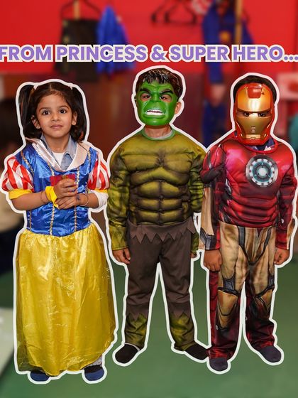 From fairytale princesses to mighty superheroes, our dress-up collection has it all. Here, Snow White stands alongside the Hulk and Iron Man, ready for a day of adventure.