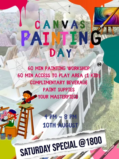 A colorful poster for our Canvas Painting Day, detailing the fun package including a painting workshop, playtime for kids, and a complimentary beverage.