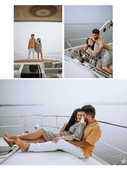 A collage showcasing different moods from a yacht photoshoot: a powerful pose, a candid moment at the helm, and a relaxed, intimate embrace.