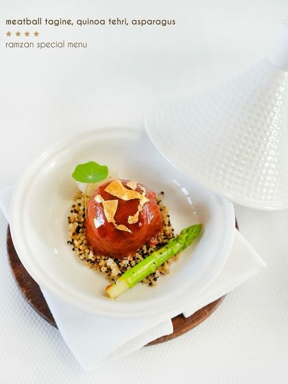 From our Ramzan menu, a meatball tagine with quinoa tehri and asparagus, showcasing our global inspirations.
