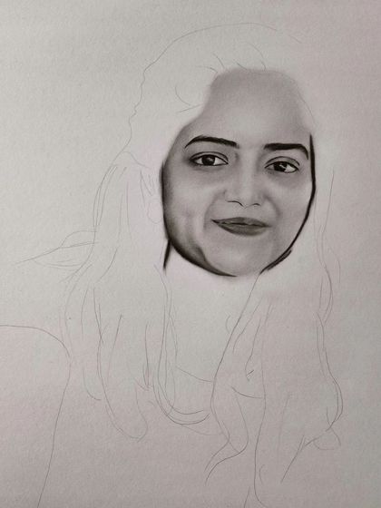 A work-in-progress shot of a woman's portrait, with the face rendered.