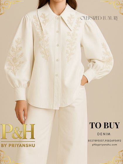 A detailed shot of the off-white denim shirt, focusing on the subtle, tone-on-tone embroidery that adds a layer of sophisticated texture to the piece.