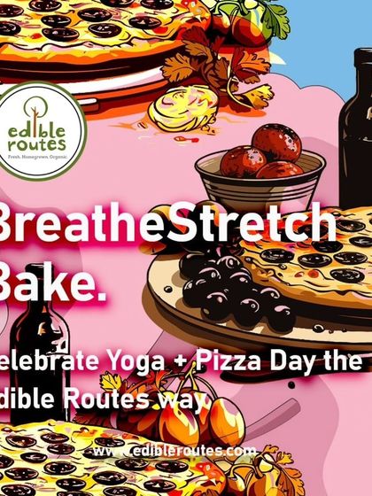 A vibrant graphic for our Yoga + Pizza Day, inviting you to breathe, stretch, and bake with us.