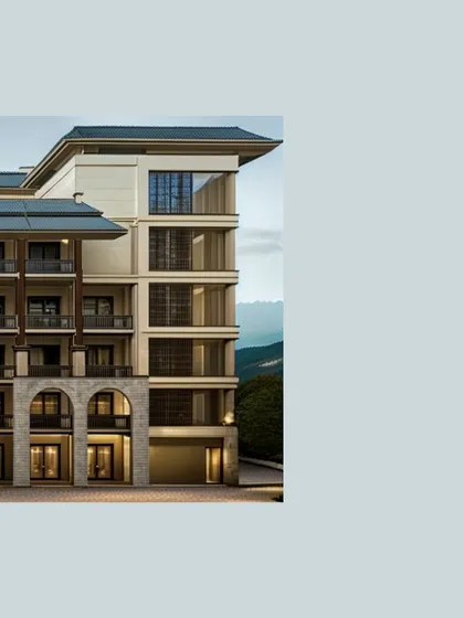 A side view of the architectural render for a new mountain resort. This angle highlights the building's verticality and the clean lines of its facade, designed to integrate with the mountainous backdrop.