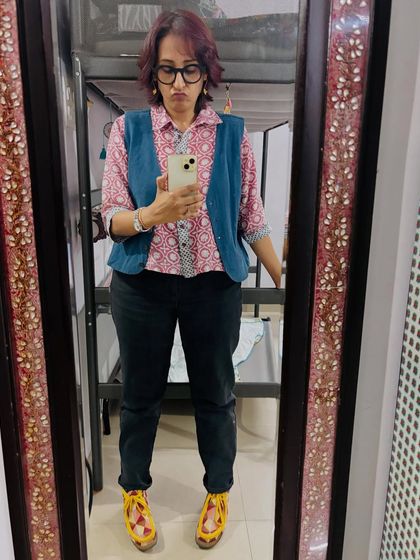 Thursday is my favorite day of the week. Today's look is a block-printed kurta with a waistcoat and these bold mustard lace-up shoes to add a pop of personality.