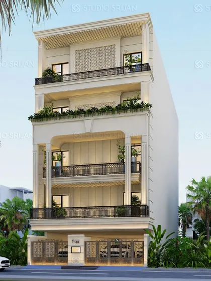 An angled view of the Mansarovar Garden residence, showing the depth and solidity of its classical design. The recessed balconies provide shaded, private outdoor areas for the residents.