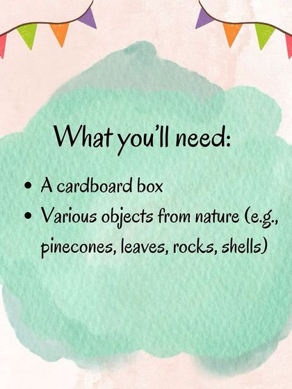 These images detail the materials, benefits, and variations for the Mystery Box game, which encourages curiosity and tactile exploration of natural objects.