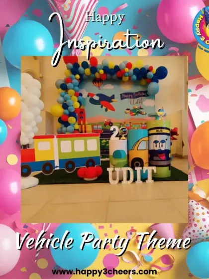 This vehicle party theme is perfect for kids who love things that go. The setup included a train cutout, bus-themed dessert stands, and a backdrop featuring airplanes, all personalized with the birthday boy's name.
