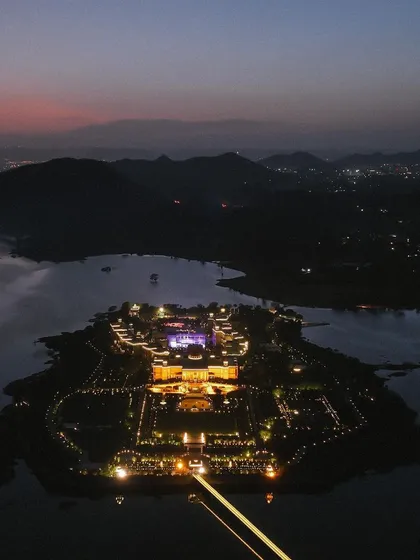 This is what I live for. Capturing the sheer magic of a property like Raffles Udaipur, isolated on its own island at dusk. An aerial shot like this tells a story no ground-level photo ever could.