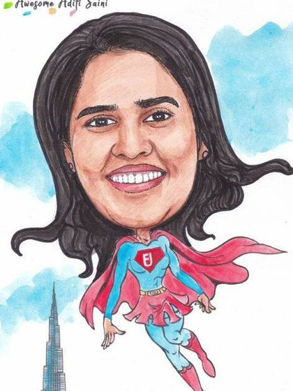 Close-up of a female employee's superhero caricature, highlighting the hand-painted watercolor details.