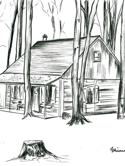 The black and white sketch for my 'Cozy Cottage' piece. I often start with a monochrome drawing like this to establish the lighting and mood before adding any color.
