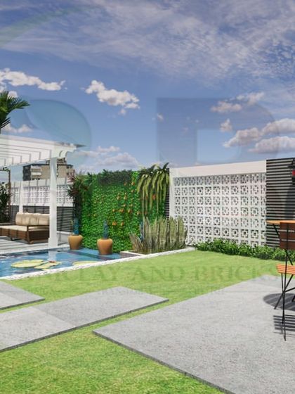 This 3D design showcases a sprawling rooftop garden. It features multiple zones, including a seating area by a pond, an open lawn with stepping stones, and a dining spot, demonstrating our ability to design large-scale, complex spaces.