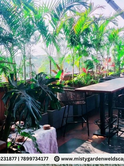 A lush arrangement of tropical plants, including palms and monsteras, creates a dense green screen on this commercial rooftop, offering a natural and refreshing atmosphere.