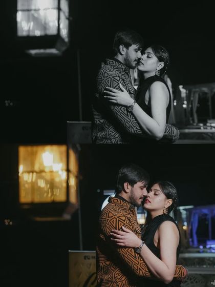 A romantic diptych of a couple about to kiss, presented in both black and white and color, set against a softly lit background at night.