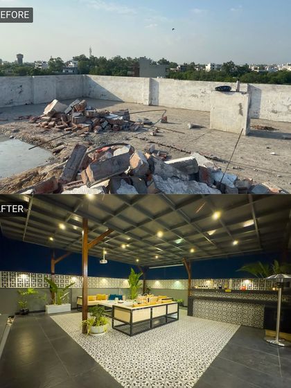 From rubble to a sophisticated rooftop club. We installed a massive pergola covering a stylish seating area and bar, using patterned tiles to define the space and create a high-end look.