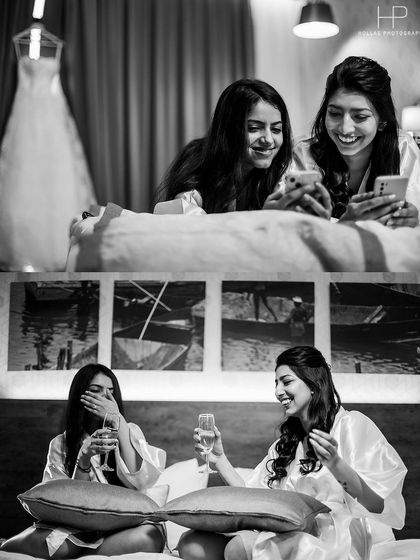 Fun and candid moments with the bridesmaids, sharing a laugh and a toast before the ceremony.