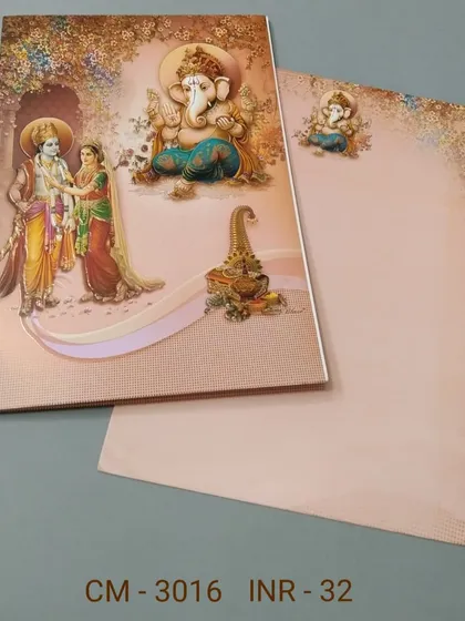 A lovely invitation featuring illustrations of Lord Rama, Sita, and a large Ganesha. The design is rich in religious imagery, perfect for a devout family.