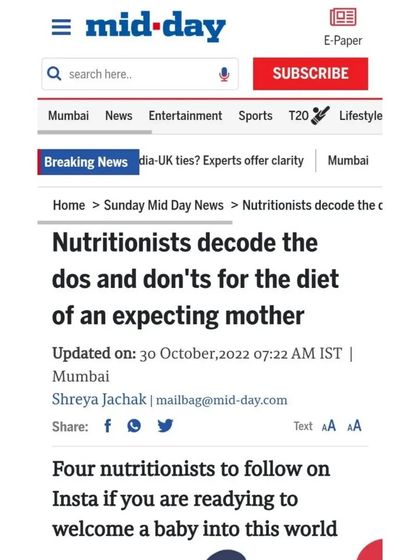 Mumbai's Mid-day newspaper featured me as one of four nutritionists to follow for advice on diet for expecting mothers.