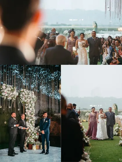 A collage telling the story of the bride's walk down the aisle. It shows her parents giving her away and the groom's emotional reaction as he sees her for the first time.