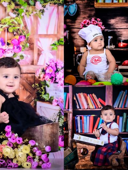 A collage showing three different themes: a floral garden, a little chef, and a library scene.