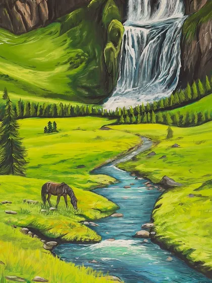 A detailed shot of the lower part of the landscape mural, focusing on the gentle horse grazing by the winding river. These small details help make the larger scene feel complete.