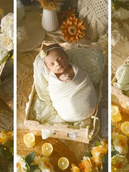 A triptych showing different angles and poses from a single setup. This highlights the variety we can achieve within one theme, featuring a baby in a rustic basket with a "Love you to the moon & back" sign.