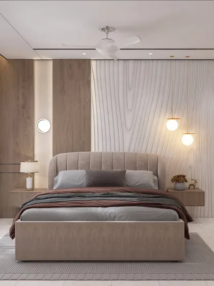 A bedroom should be a personal sanctuary. Here, we used a combination of wood and a custom-grooved feature wall, complemented by soft, ambient lighting, to create a space that feels both serene and texturally rich.
