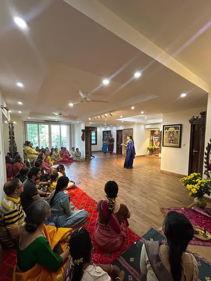 A view of our Kalangan parivaar during our annual Guru Pooja. My studio is a home where students of all ages, their families, and I come together to celebrate our shared love for dance and honor our traditions.